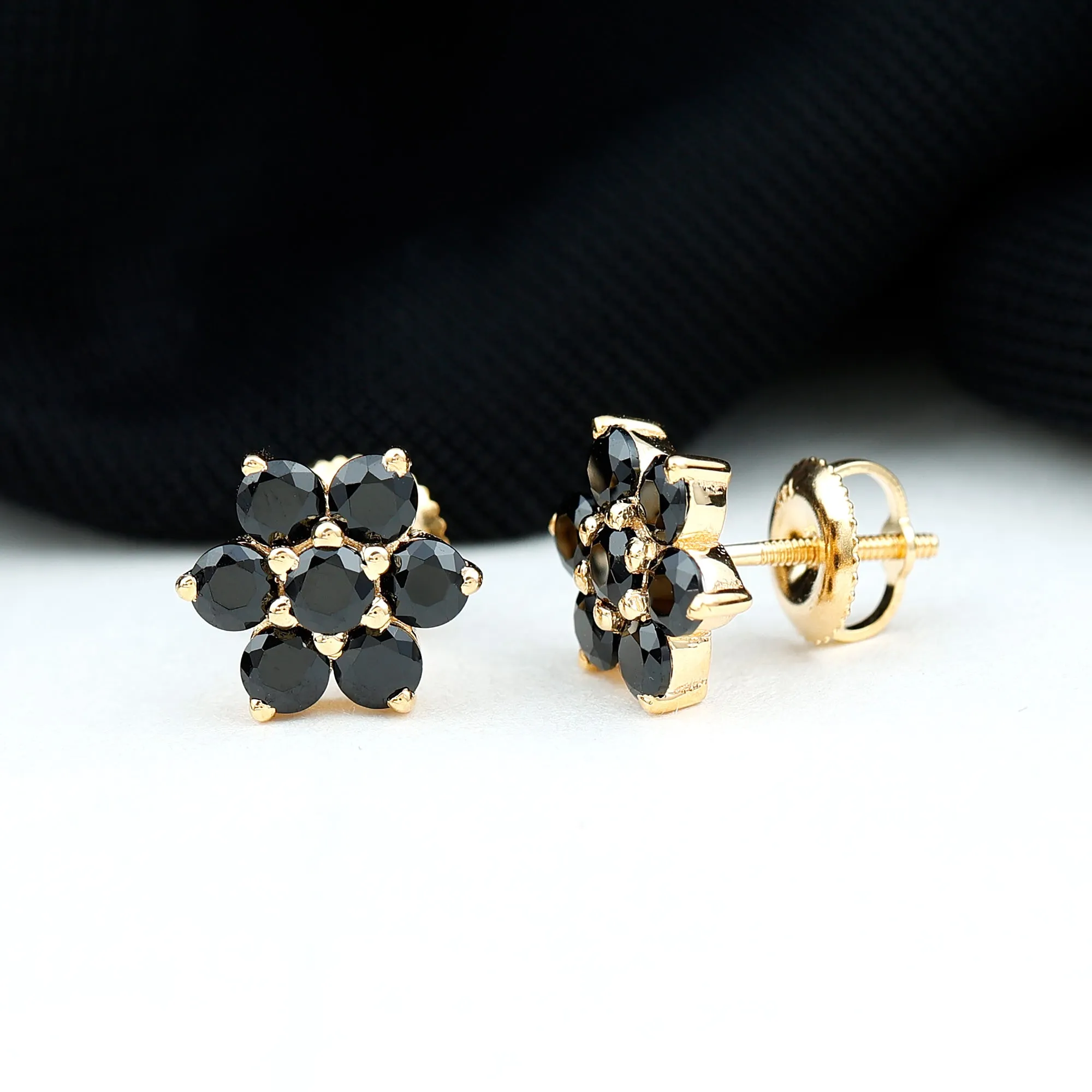 0.75 CT Black Spinel Floral Cluster Stud Earrings