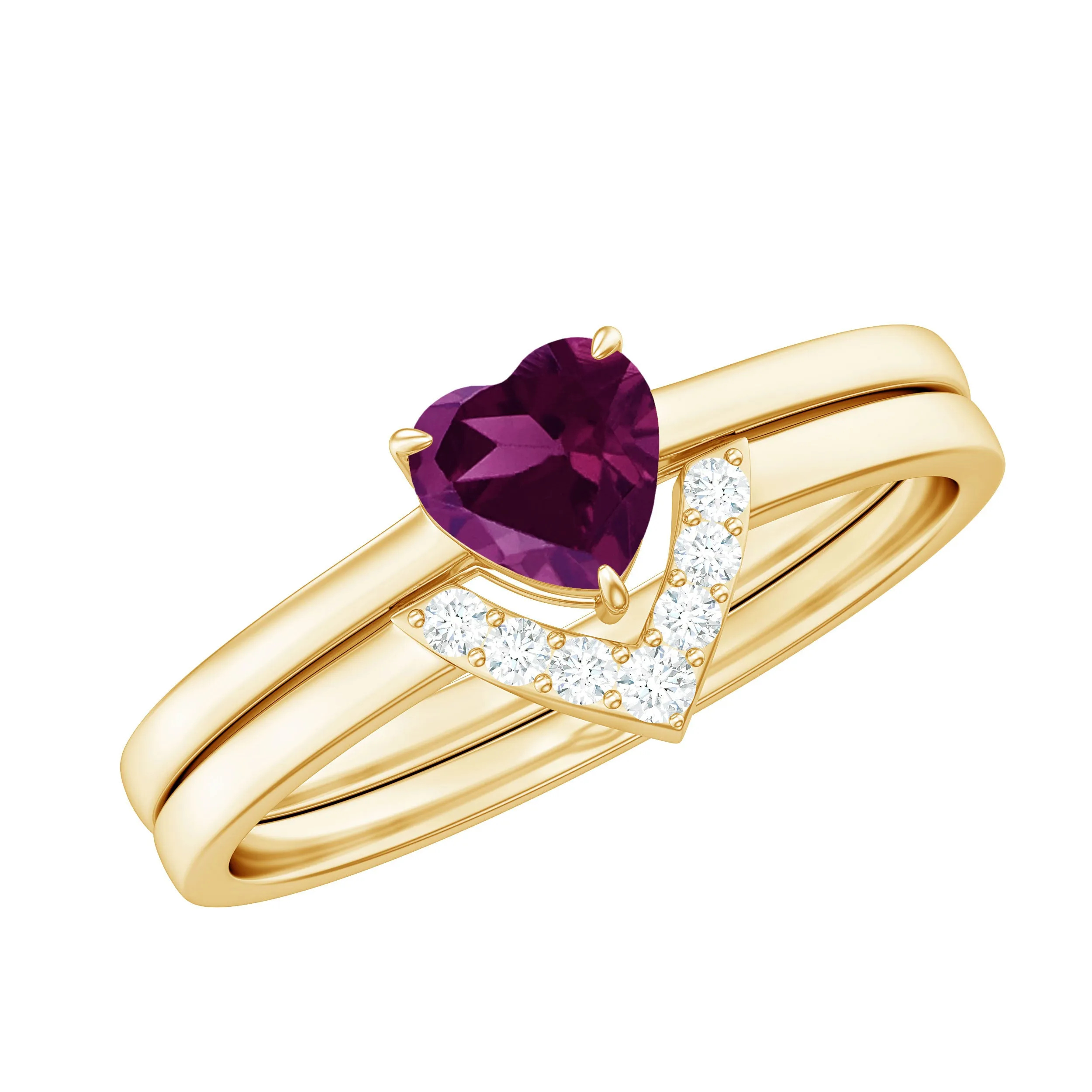 1 CT Natural Rhodolite and Diamond Solitaire Ring Set