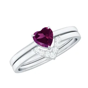 1 CT Natural Rhodolite and Diamond Solitaire Ring Set