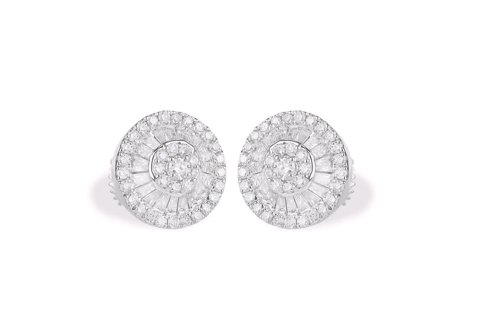 10 karat Gold Diamond Halo Stud Earrings with Baguette Diamonds