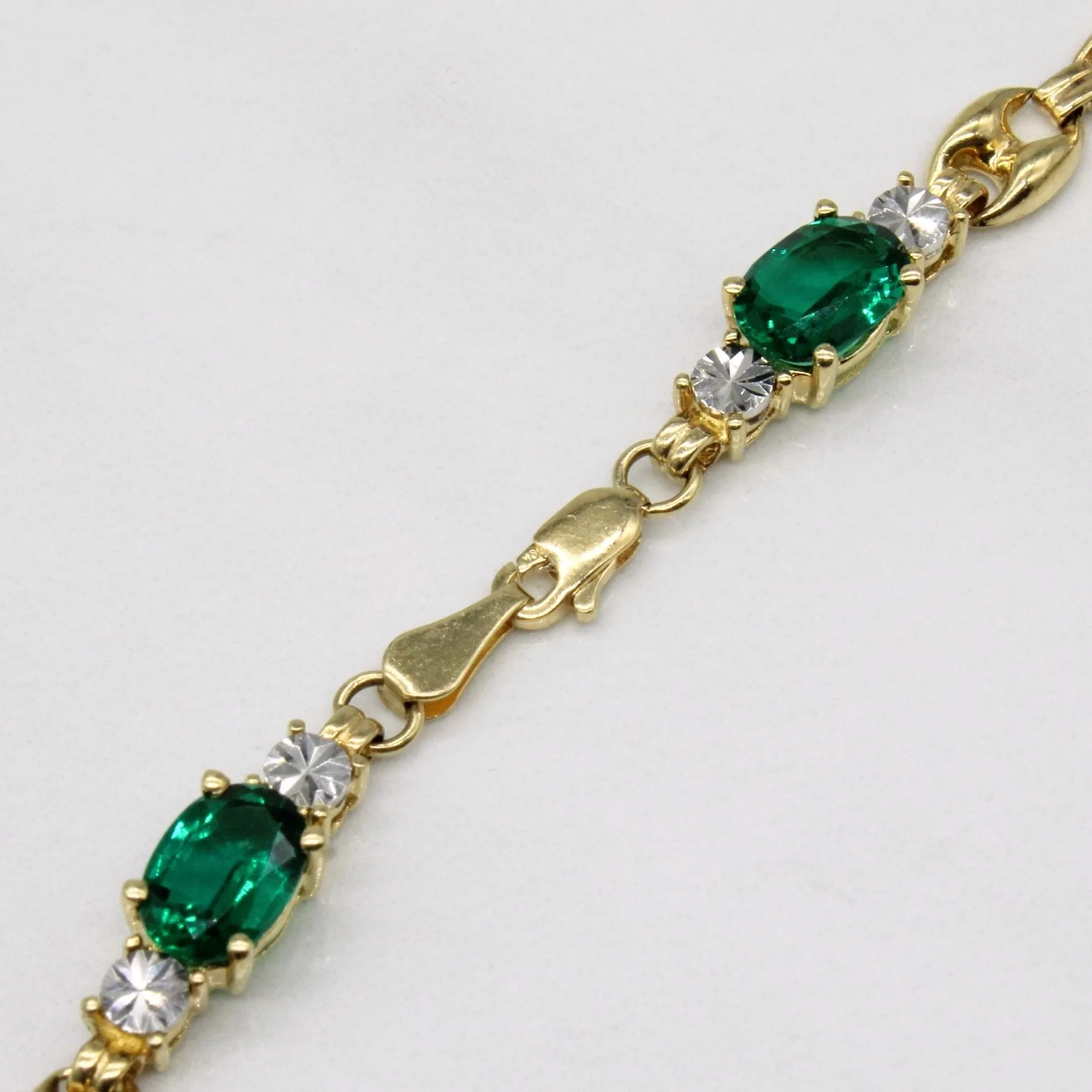 10k Synthetic Oval Emerald and Diamond Bracelet | 2.45ctw | 7.5"