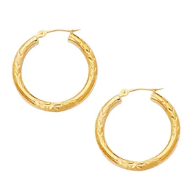 10k Yellow Gold Diamond Cut Design Round Shape Hoop Earrings, Diameter 20mm