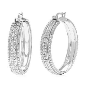 1/10 cttw 12 Stones Round Lab Grown Diamond Hoop Earrings .925 Sterling Silver Prong Set 1 1/2 Inch