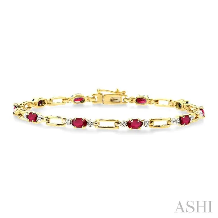 1/10 Ctw Round Cut Diamond & 5x3 MM Oval Cut Ruby Precious  Bracelet in 10K Yellow Gold