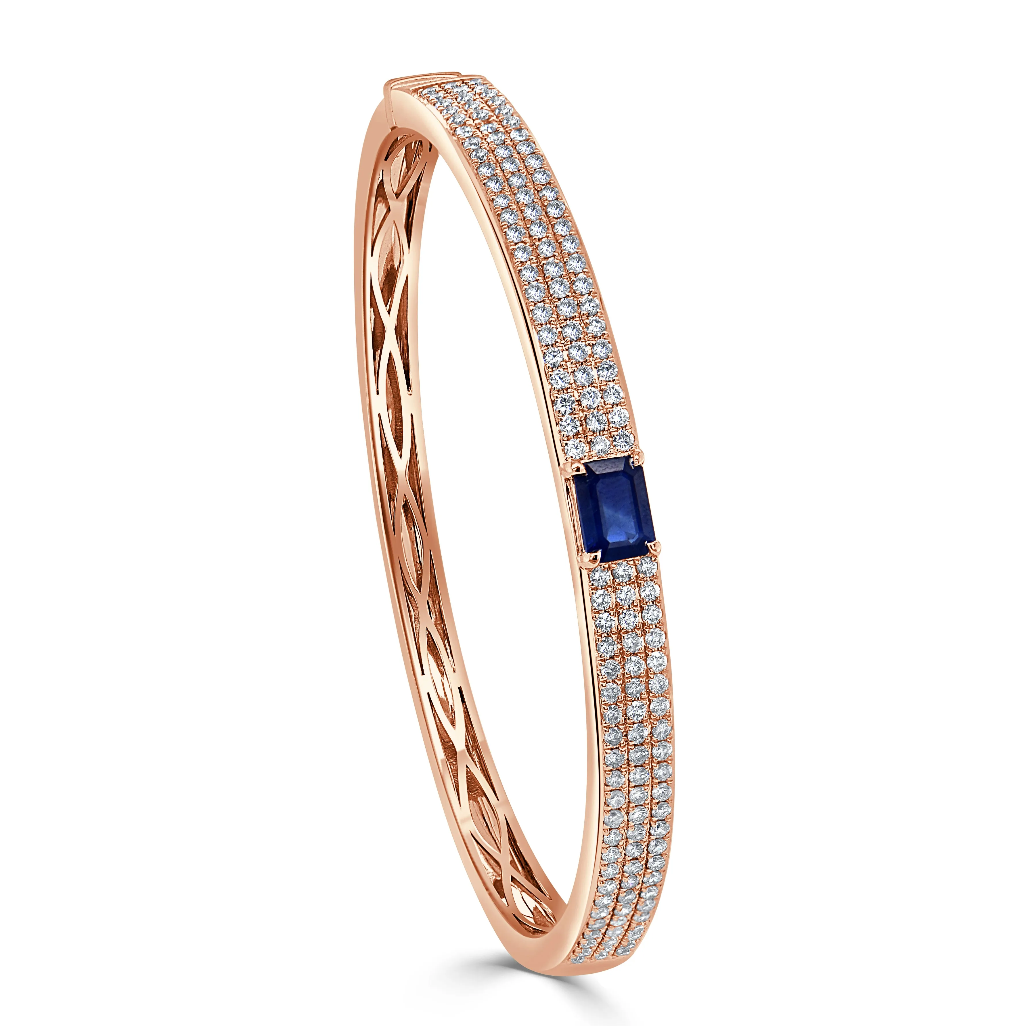 14K Gold Emerald-Cut Sapphire & Diamond Pave Bangle