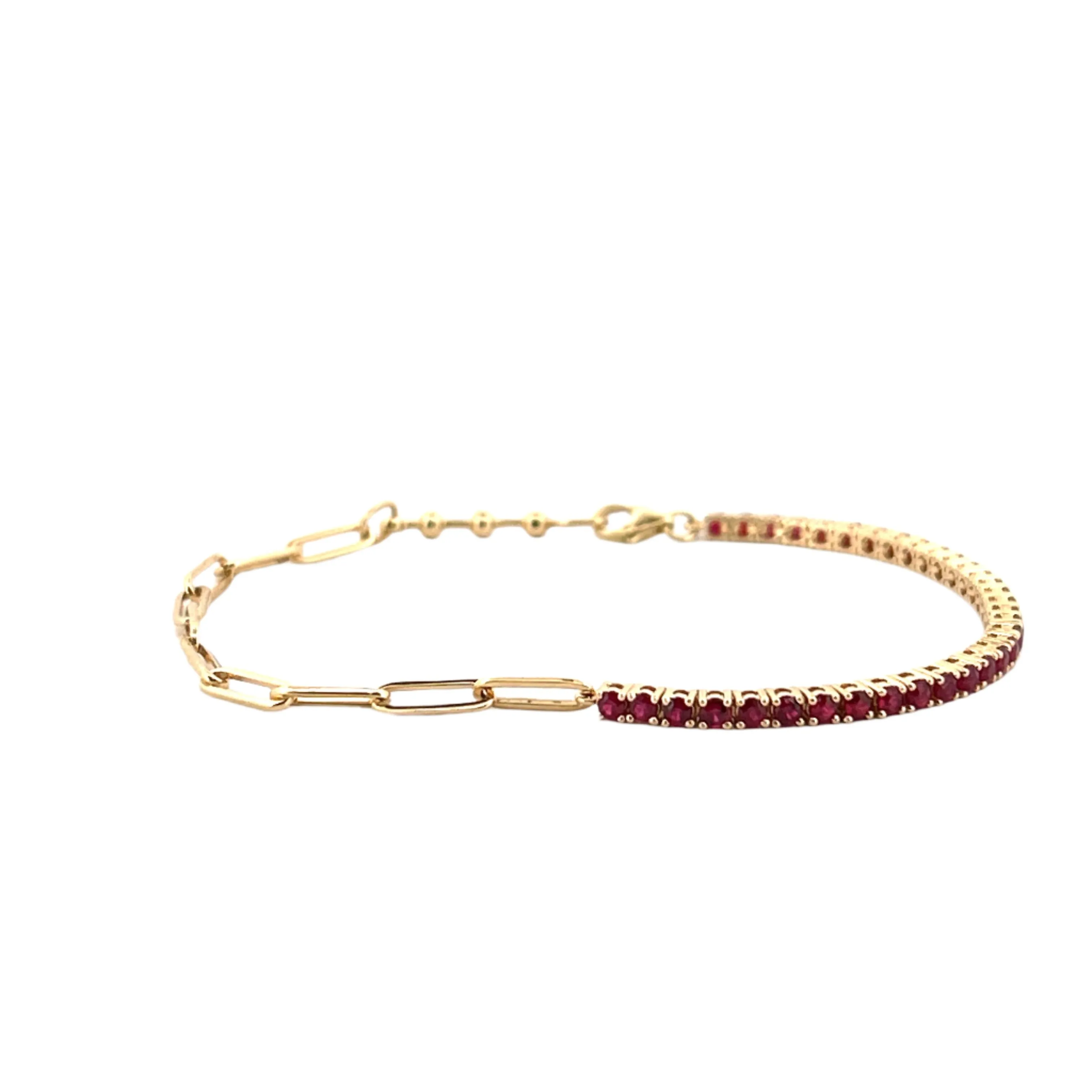 14K Gold Half Paper Clip and Half Ruby Tennis Bracelet