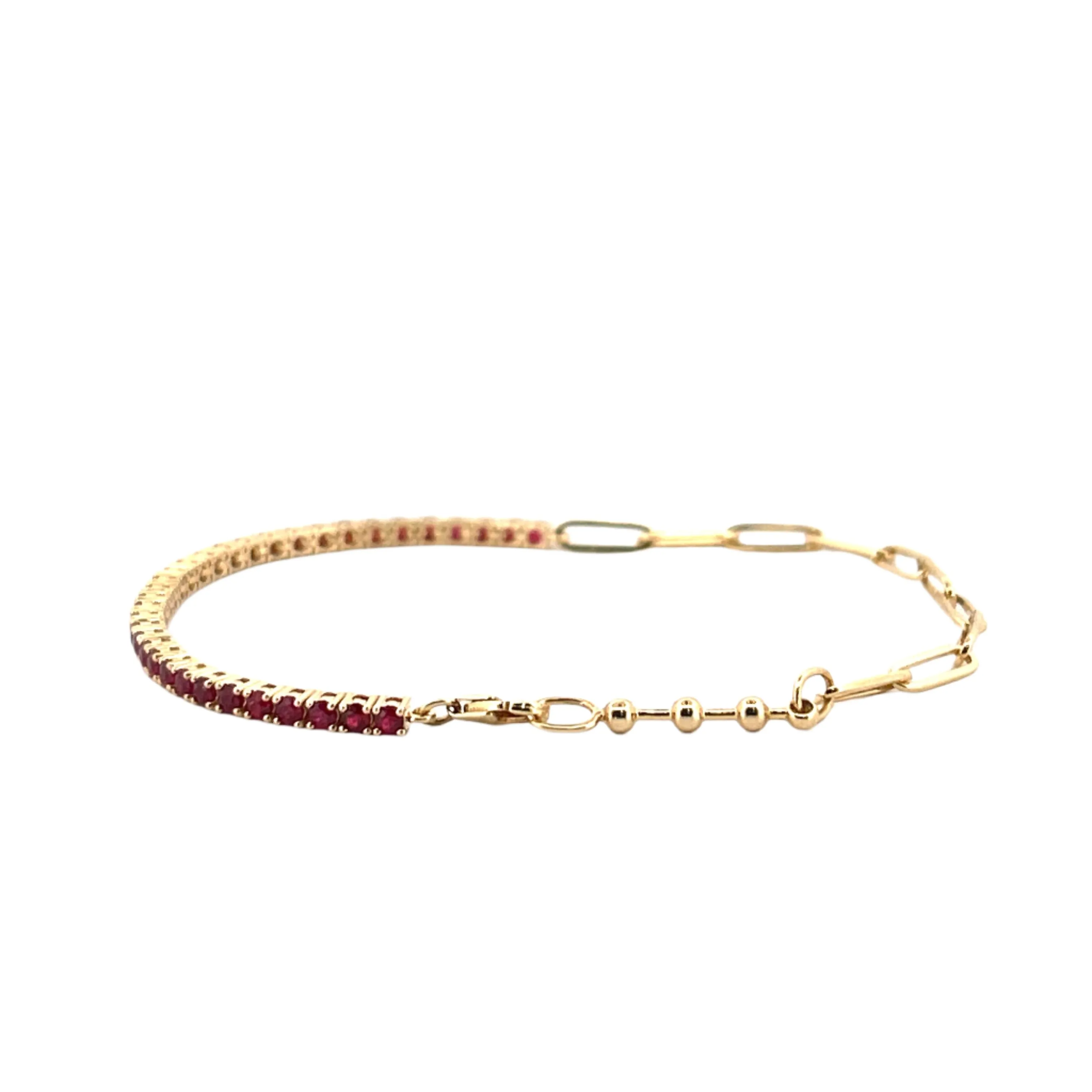 14K Gold Half Paper Clip and Half Ruby Tennis Bracelet