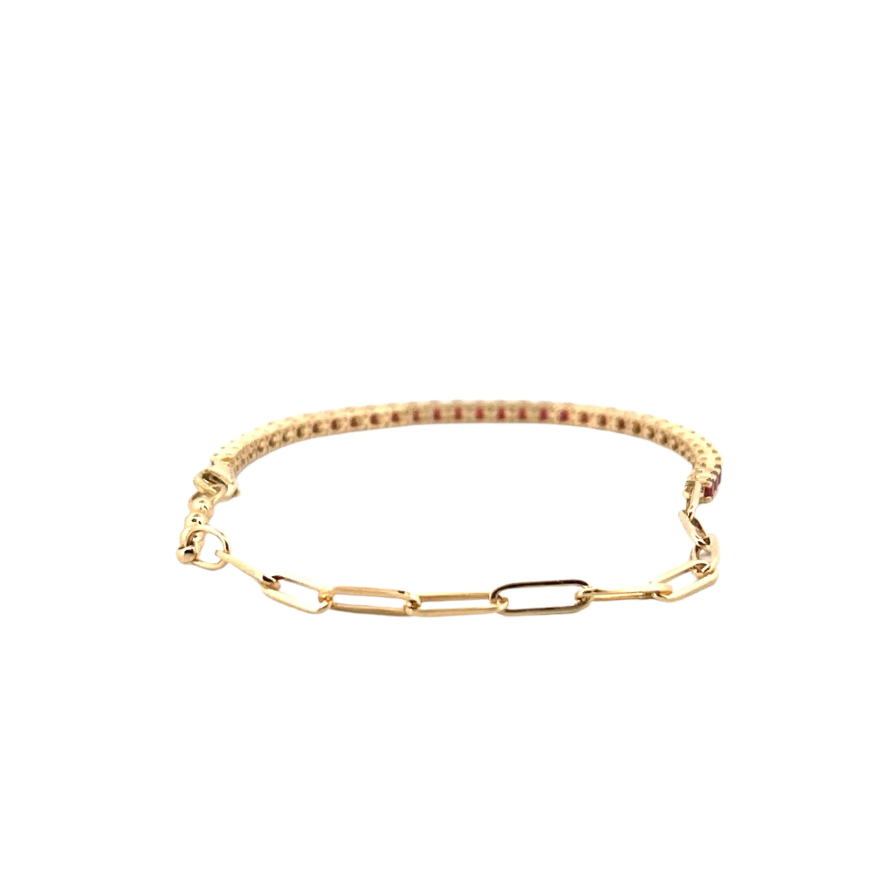 14K Gold Half Paper Clip and Half Ruby Tennis Bracelet