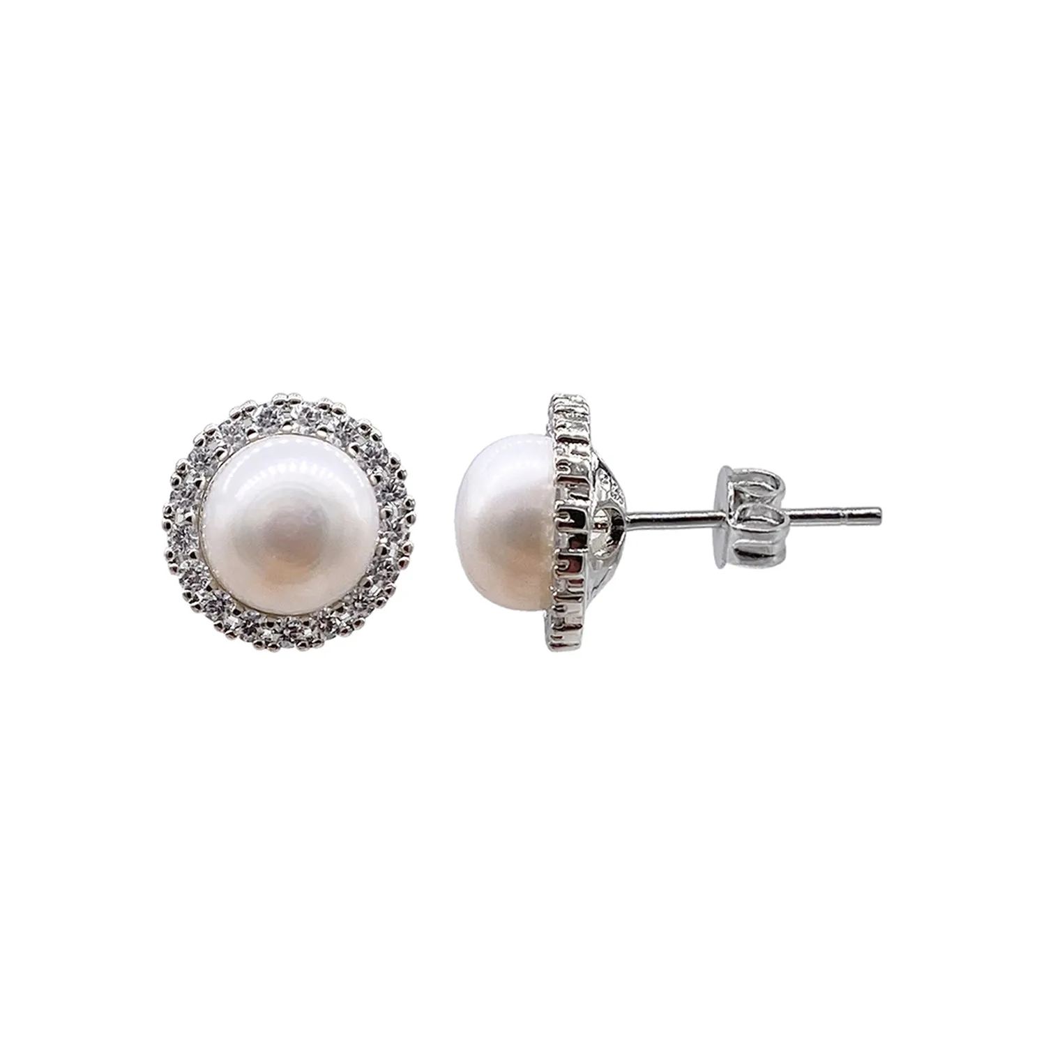 14k Gold Plated Halo Freshwater Pearl Crystal Studs