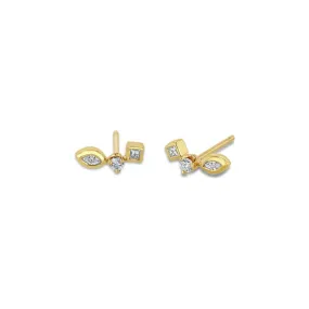 14k Small Mixed Cut Diamond Curved Studs