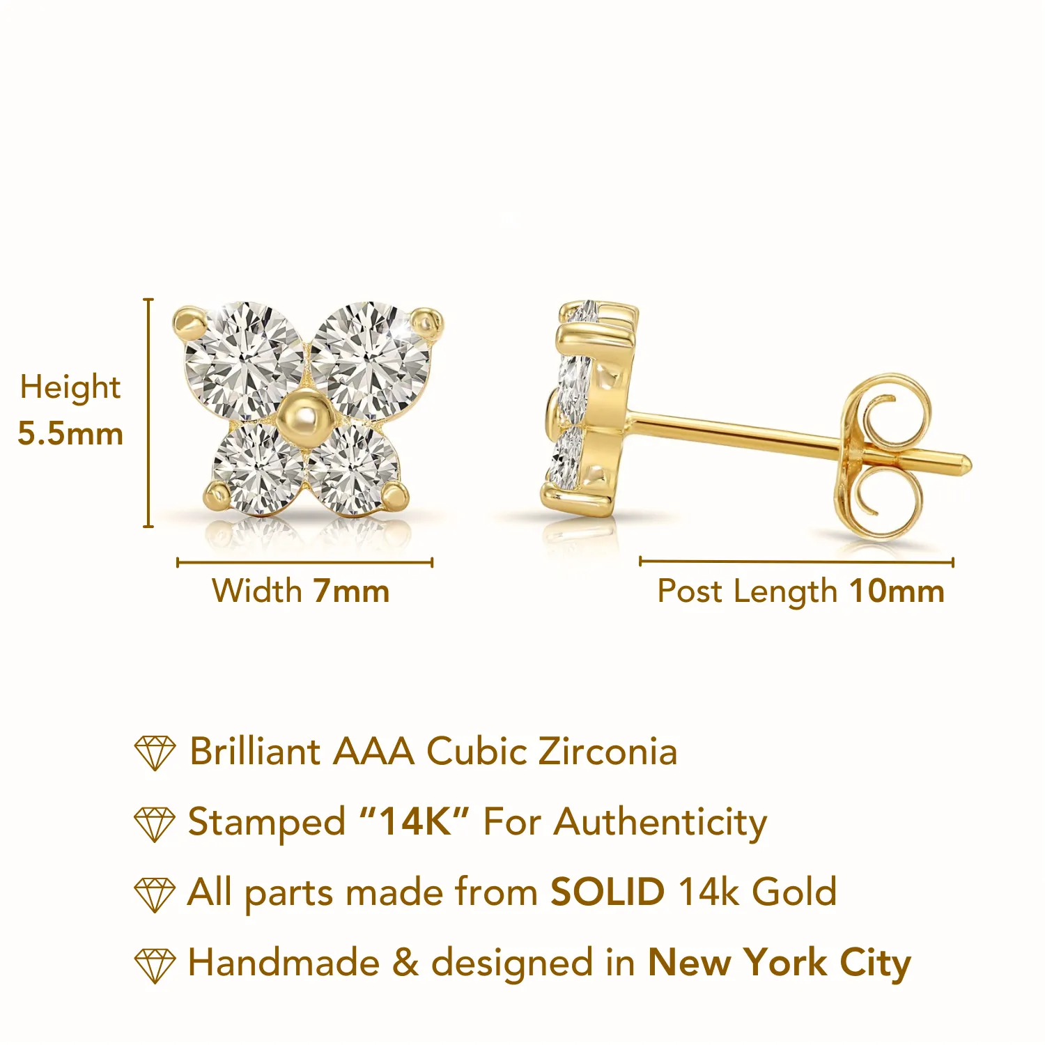 14K Solid Gold Butterfly CZ Stud Earrings, With Secure Push-Backs