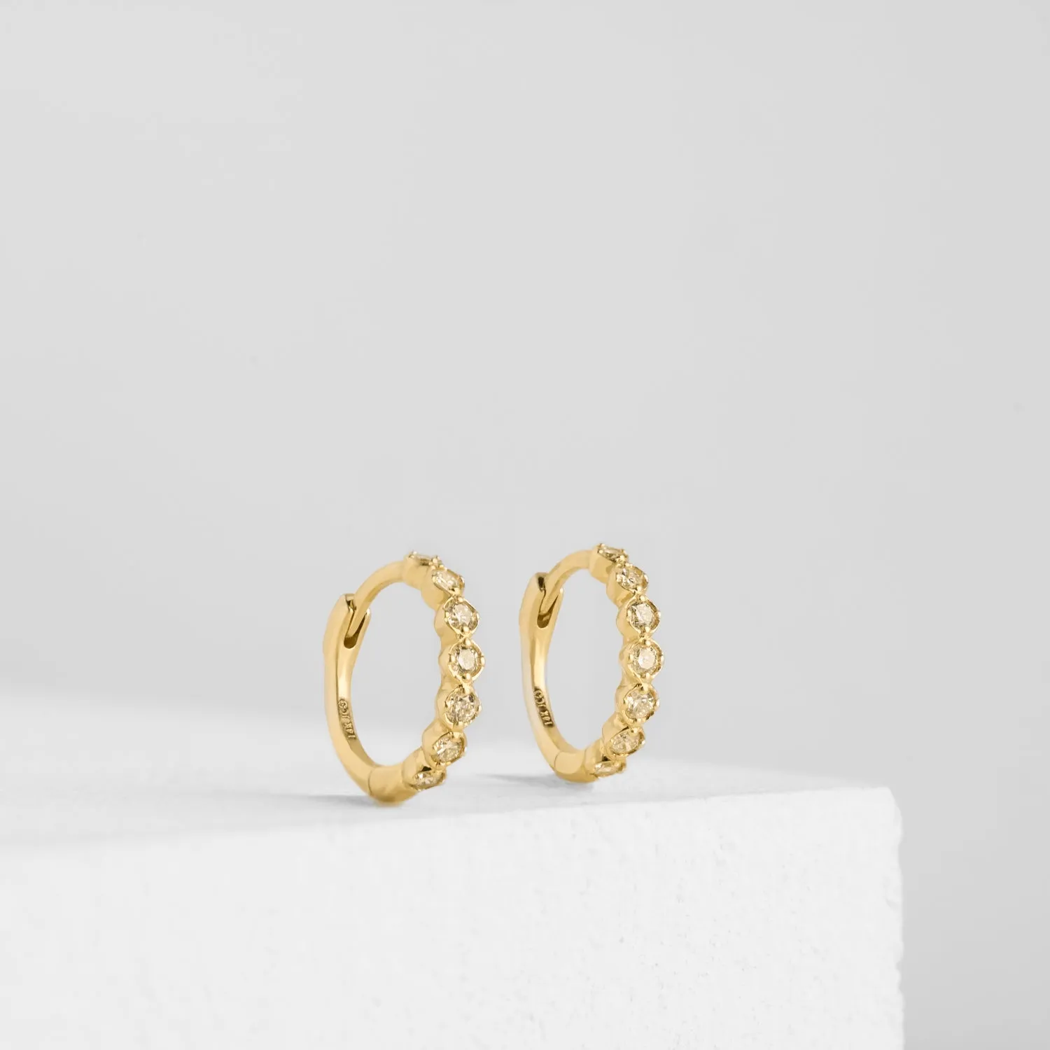 14K Solid Gold Sparkle Bezel Diamond Hoop Earrings