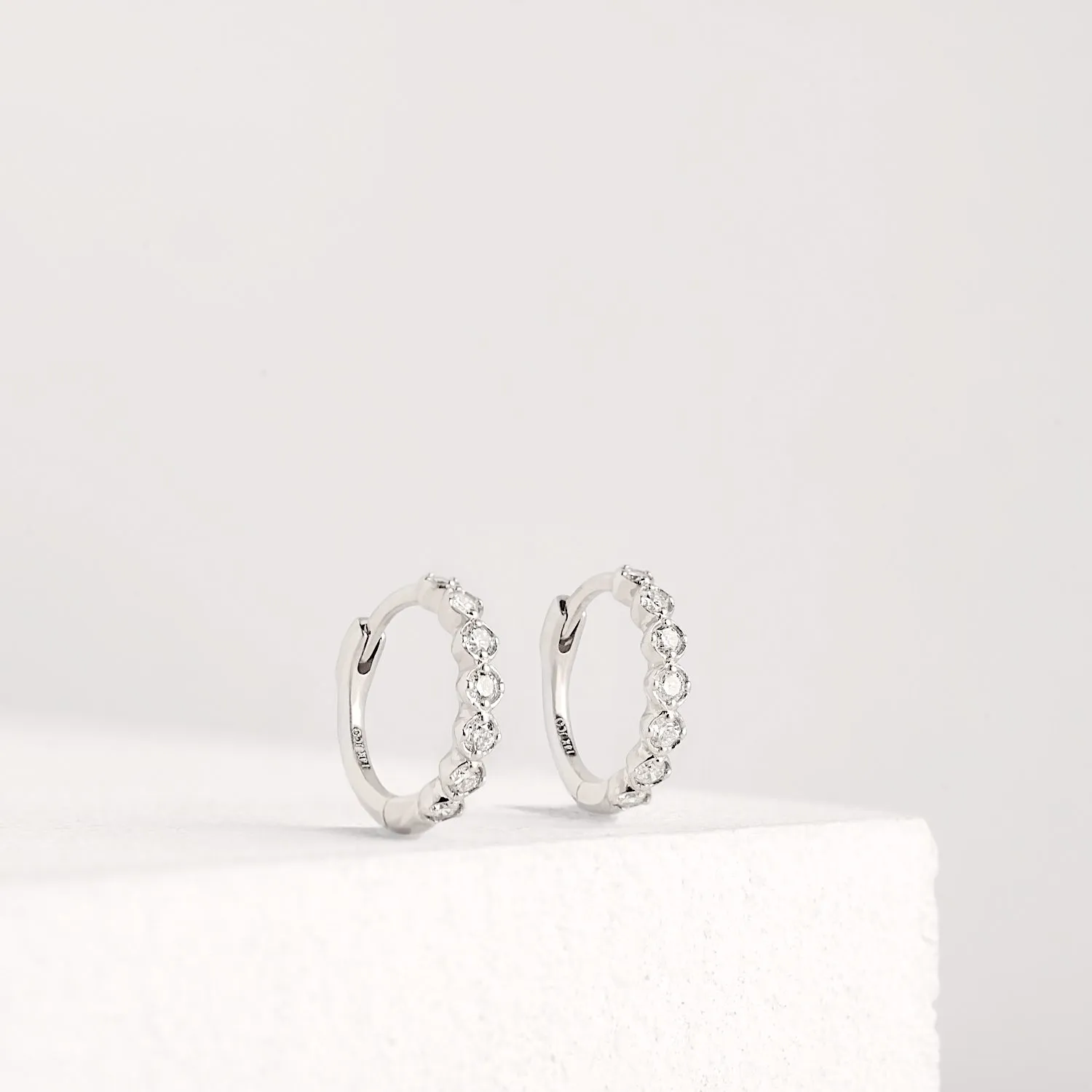 14K Solid Gold Sparkle Bezel Diamond Hoop Earrings