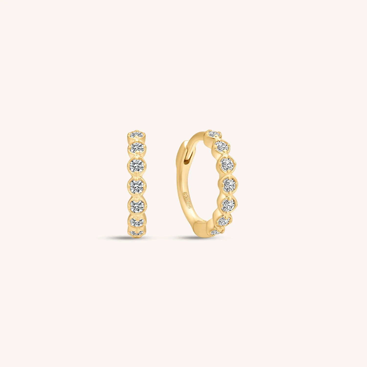 14K Solid Gold Sparkle Bezel Diamond Hoop Earrings