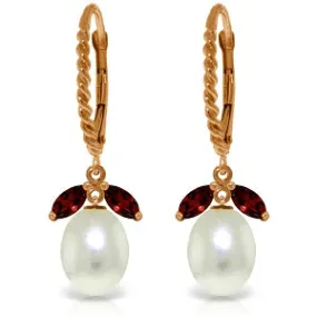 14K Solid Rose Gold Leverback Earrings Garnet & Pearl Certified