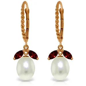 14K Solid Rose Gold Leverback Earrings Garnet & Pearl Certified