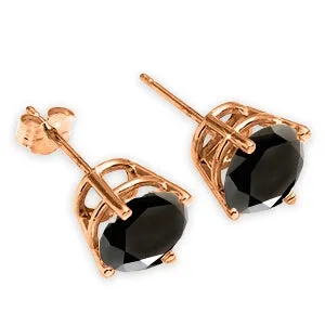 14K Solid Rose Gold Stud Earrings w/ 2.0 Carat Natural Black Diamonds