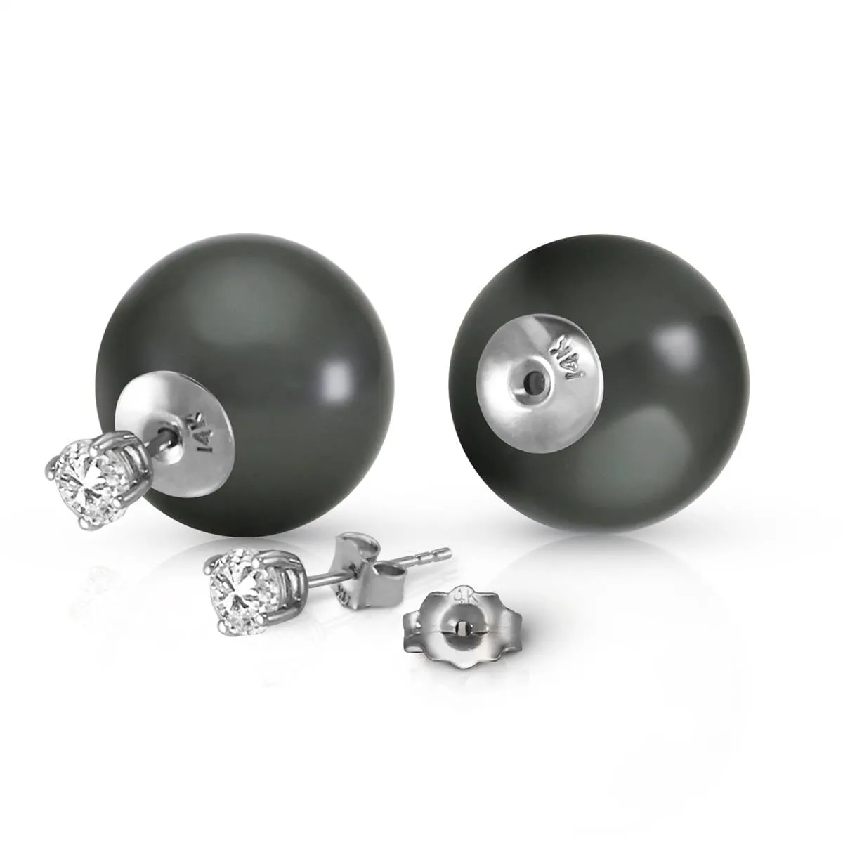 14K Solid White Gold Stud 0.80 Carat Natural Diamonds Earrings w/ Black Shell Pearls