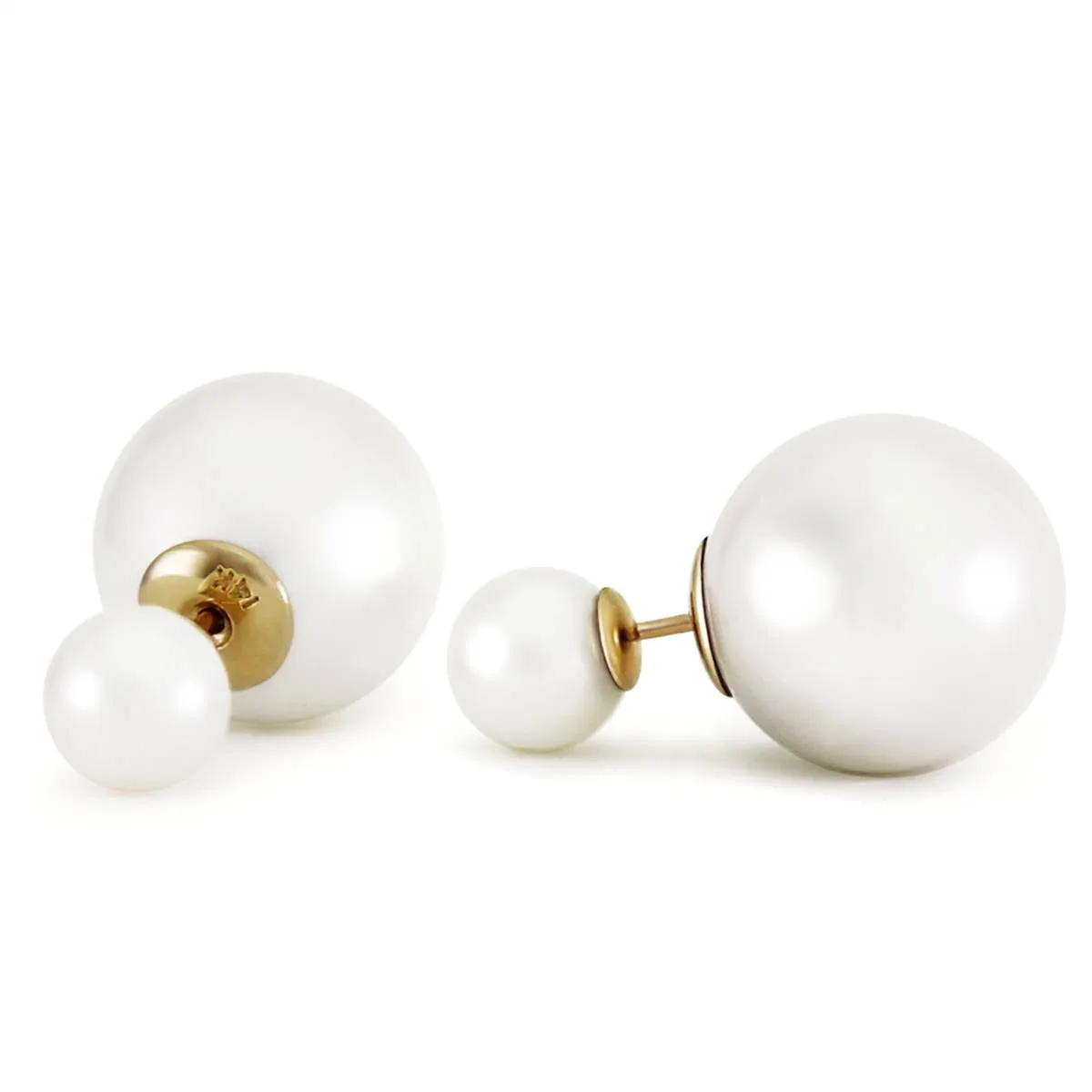 14K Solid Yellow Gold Fashion Style Tribal Double White Shell Pearls Stud Earrings