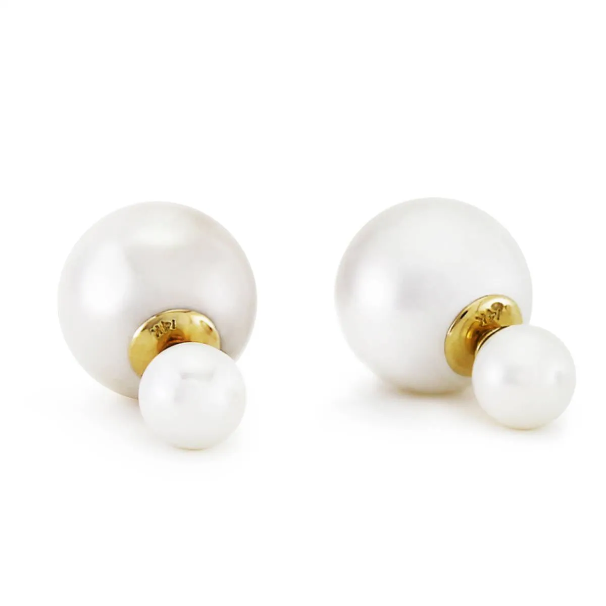 14K Solid Yellow Gold Fashion Style Tribal Double White Shell Pearls Stud Earrings