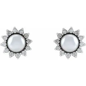 14K White Cultured White Akoya Pearl & 1/6 CTW Natural Diamond Halo-Style Earrings