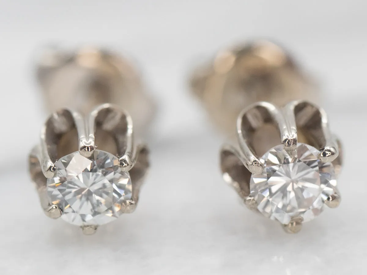 14K White Gold Vintage Buttercup Diamond Solitaire Stud Earrings