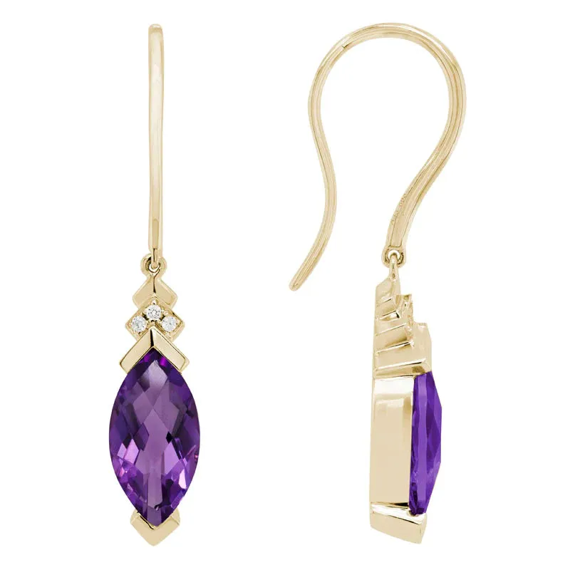 14K Yellow Gold Amethyst and Diamond Wire Earrings