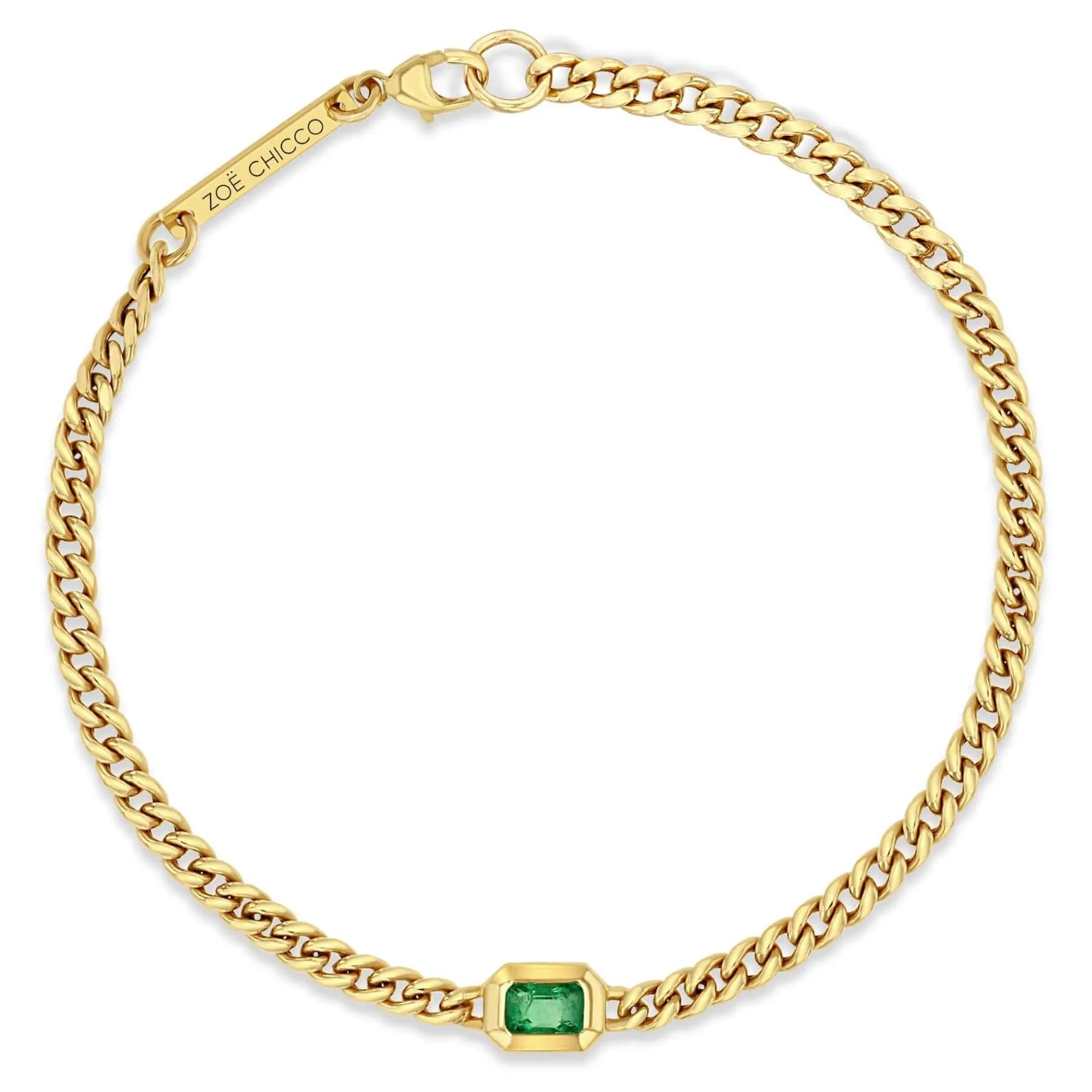 14K Yellow Gold Bezel Set Emerald Small Curb Chain Bracelet