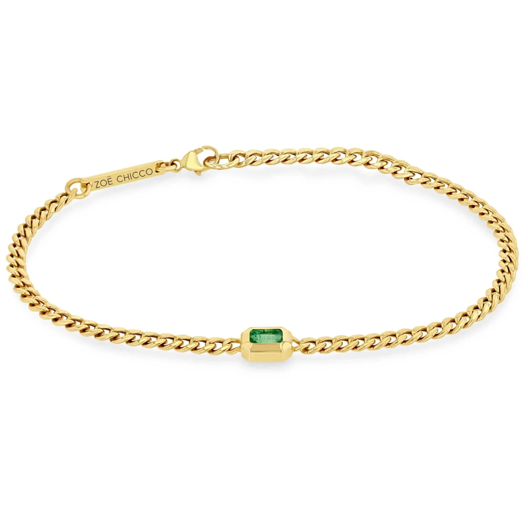 14K Yellow Gold Bezel Set Emerald Small Curb Chain Bracelet