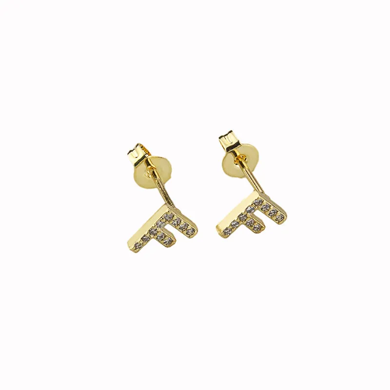 14k Yellow Gold Created White Sapphire Initial F Letter Stud Earrings Plated