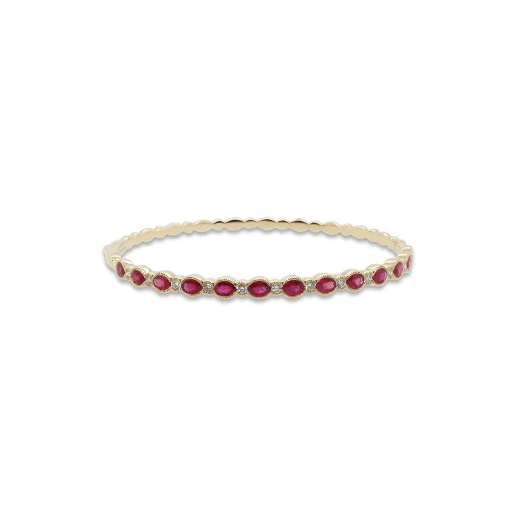 14k Yellow Gold Diamond And Ruby Hinged Bangle Bracelet