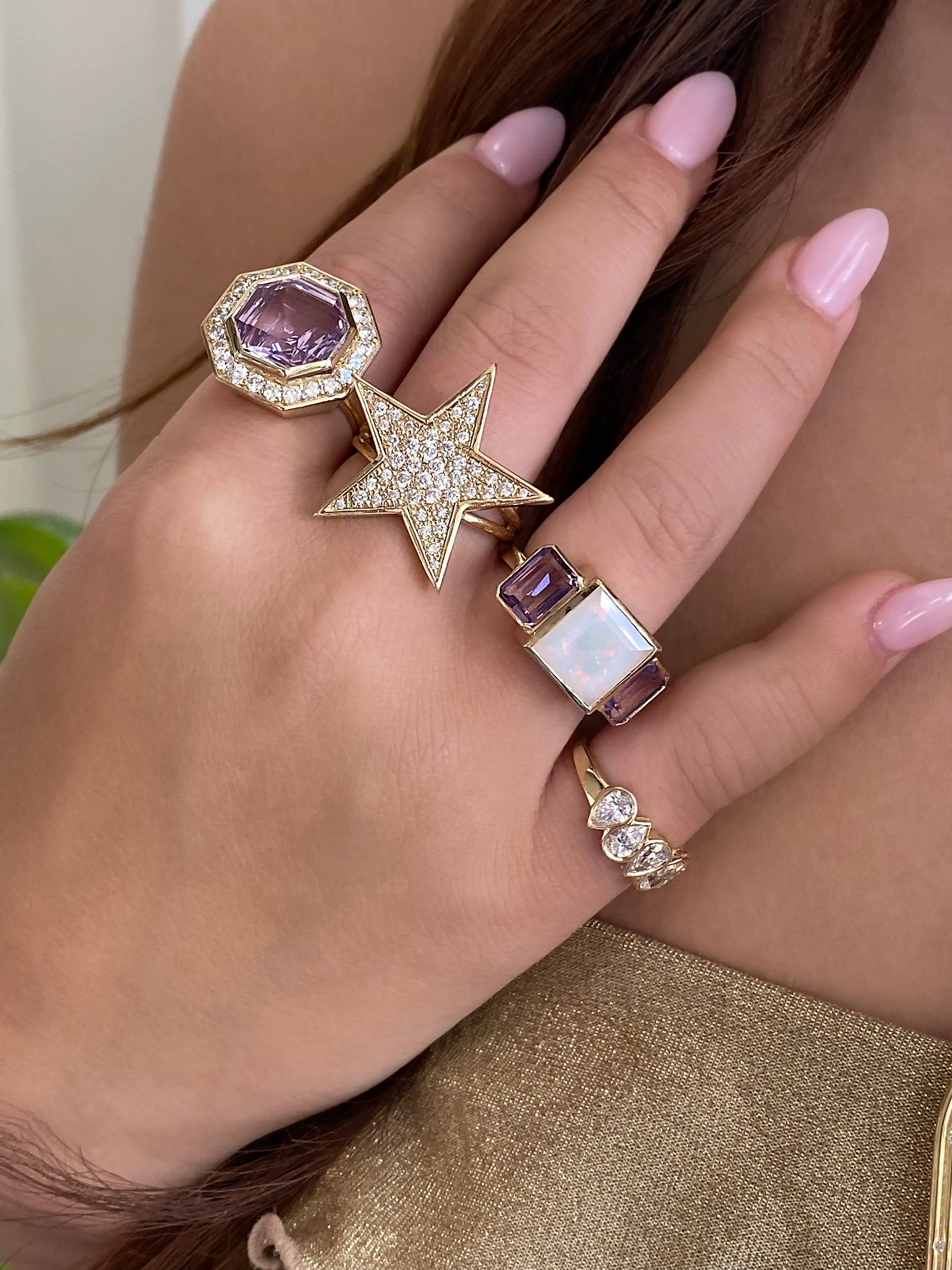 14K YG Rose De France Amethyst and Diamond Bia Ring