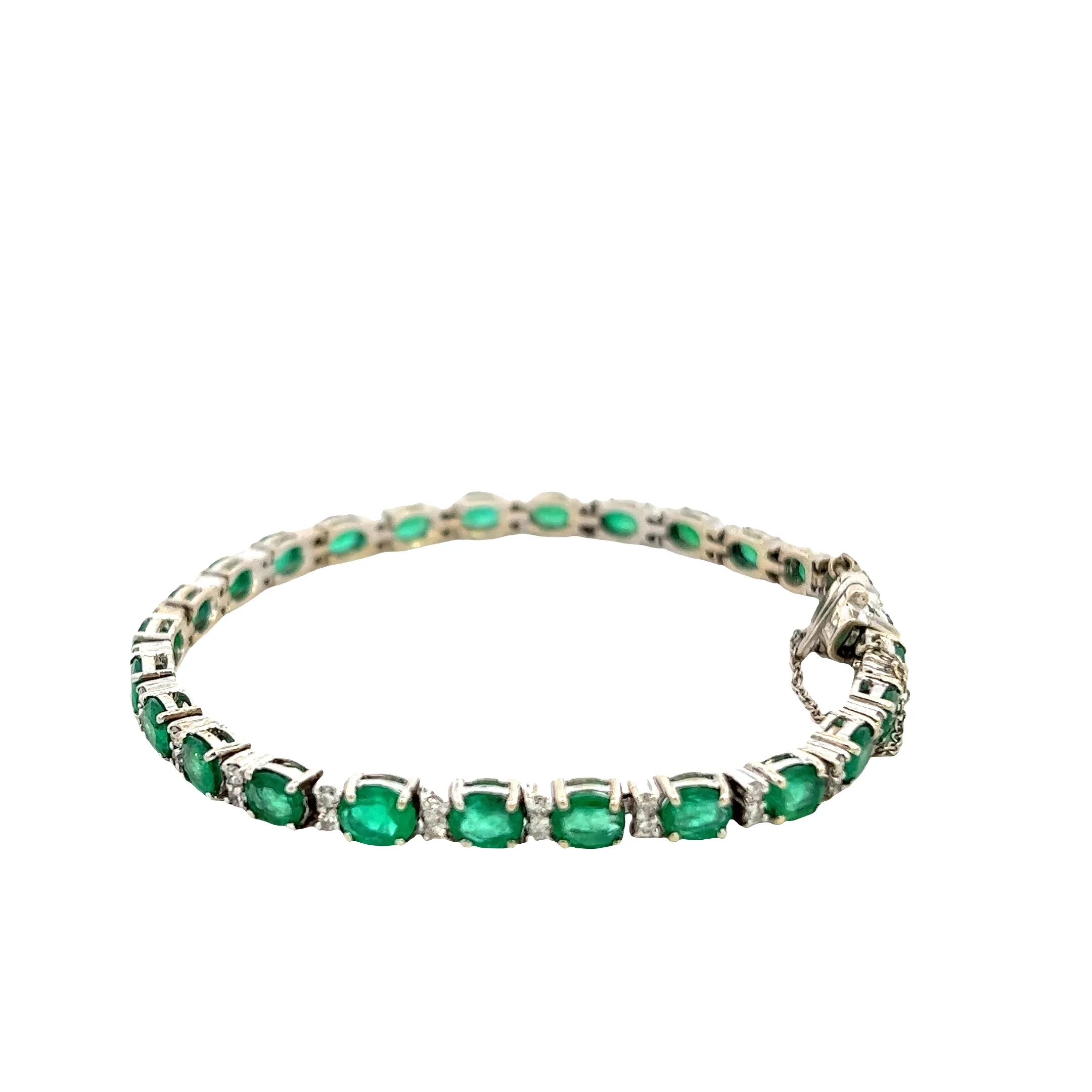 14KT White Gold Round Cut Diamond And Oval Emerald Bracelet