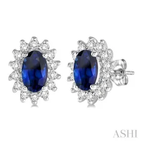 1/5 Ctw Round Cut Diamond and Oval Cut 5x3 MM Sapphire Center Sunflower Precious Earrings in 10K White Gold