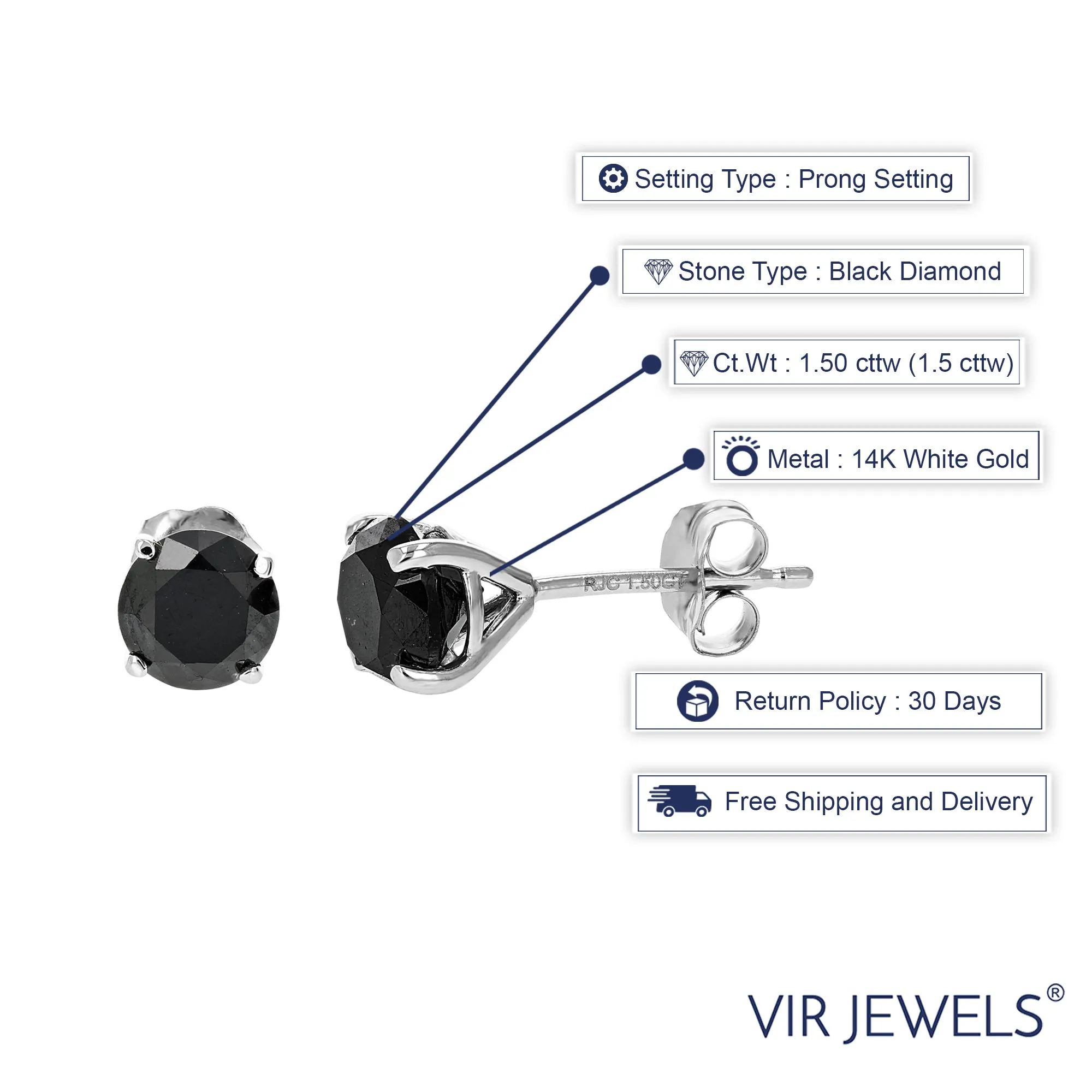 1.50 cttw Black Diamond Stud Earrings Martini Set 14K Gold