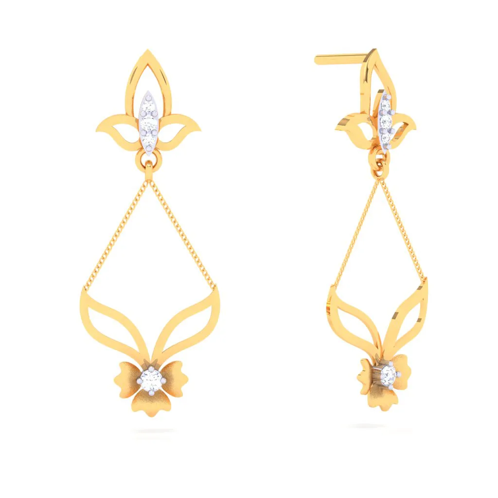 18k Chic Diamond Earrings With A Beautiful Flower Hanging From The Stud