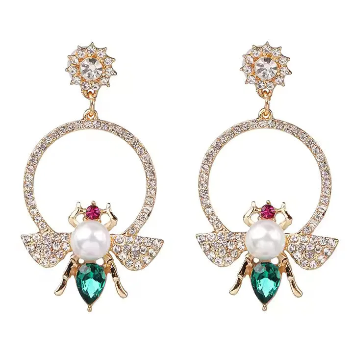 18k Gold-Filled Geometric Rhinestone Pearl Bee Earrings