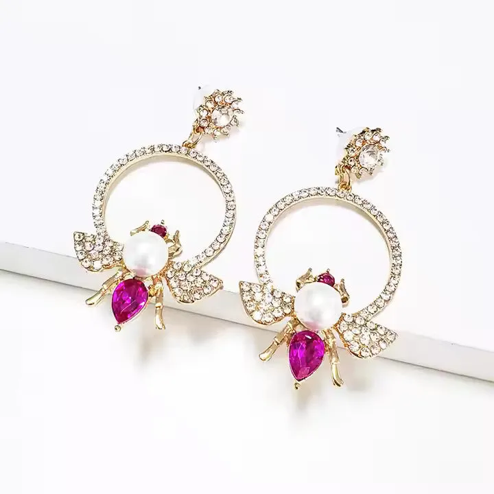 18k Gold-Filled Geometric Rhinestone Pearl Bee Earrings