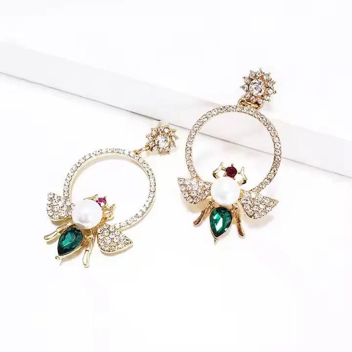 18k Gold-Filled Geometric Rhinestone Pearl Bee Earrings