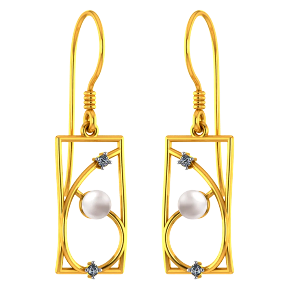 18k Rectangular Diamond Earrings With Unique Design And A Pearl