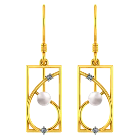 18k Rectangular Diamond Earrings With Unique Design And A Pearl