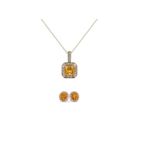 18K Rose Gold 1/2ct Halo Citrine Square 18 Inch Necklace and Halo Round Earrings Set Plated