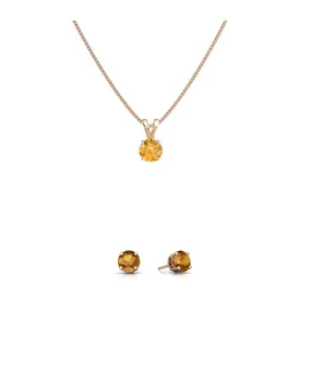 18K Rose Gold 3ct Citrine Round 18 Inch Necklace and Earrings Set Plated