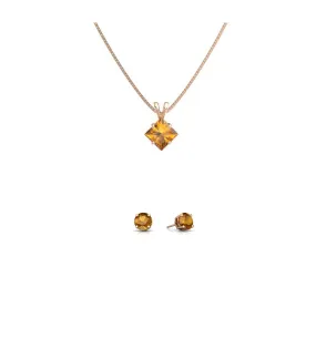 18K Rose Gold 3ct Citrine Square 18 Inch Necklace and Round Earrings Set Plated