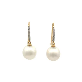 18K Yellow Gold Australian South Sea 10-11mm Cultured Pearl and Diamond Hook Earrings