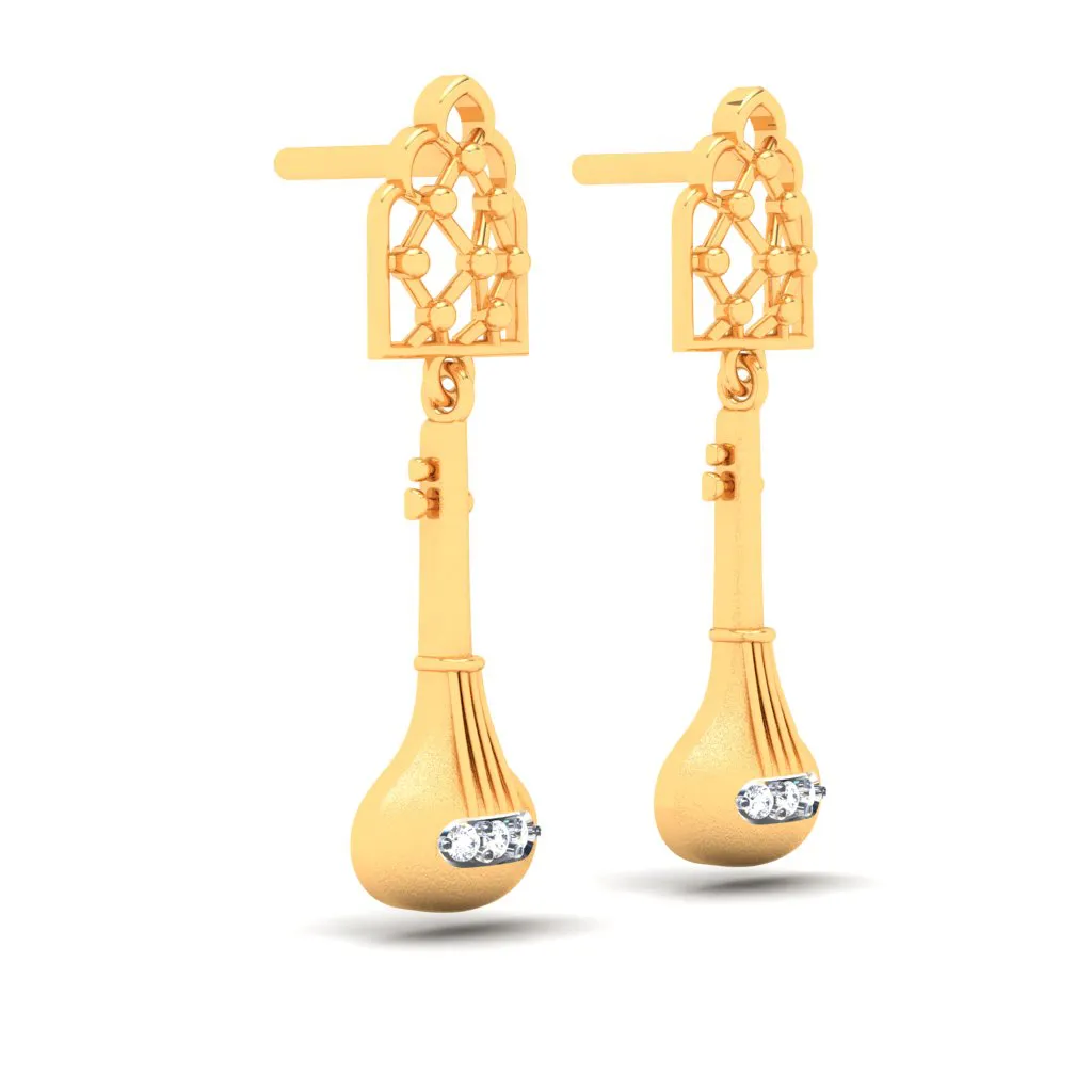 18KT  Sitaar Shaped Gold Earrings From Diamond Collection