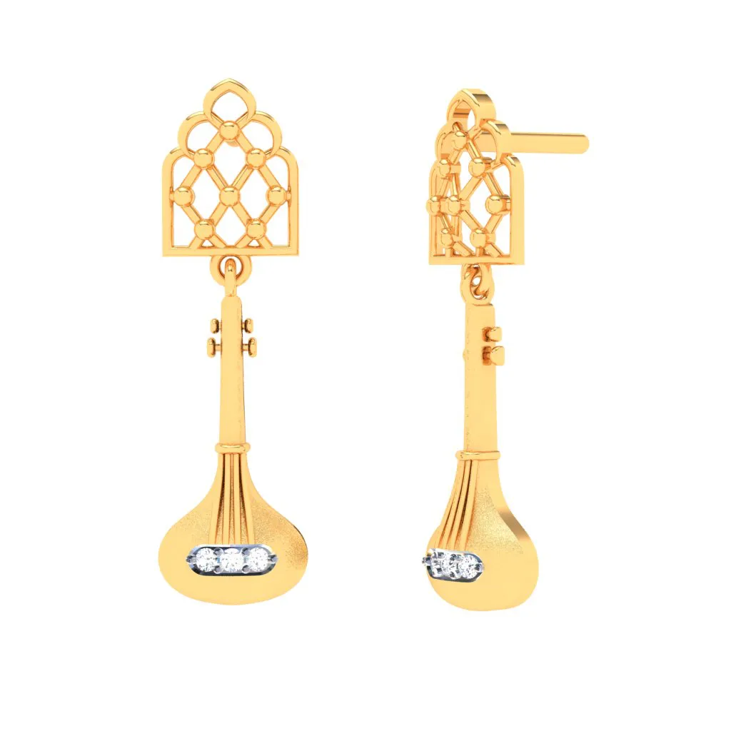 18KT  Sitaar Shaped Gold Earrings From Diamond Collection