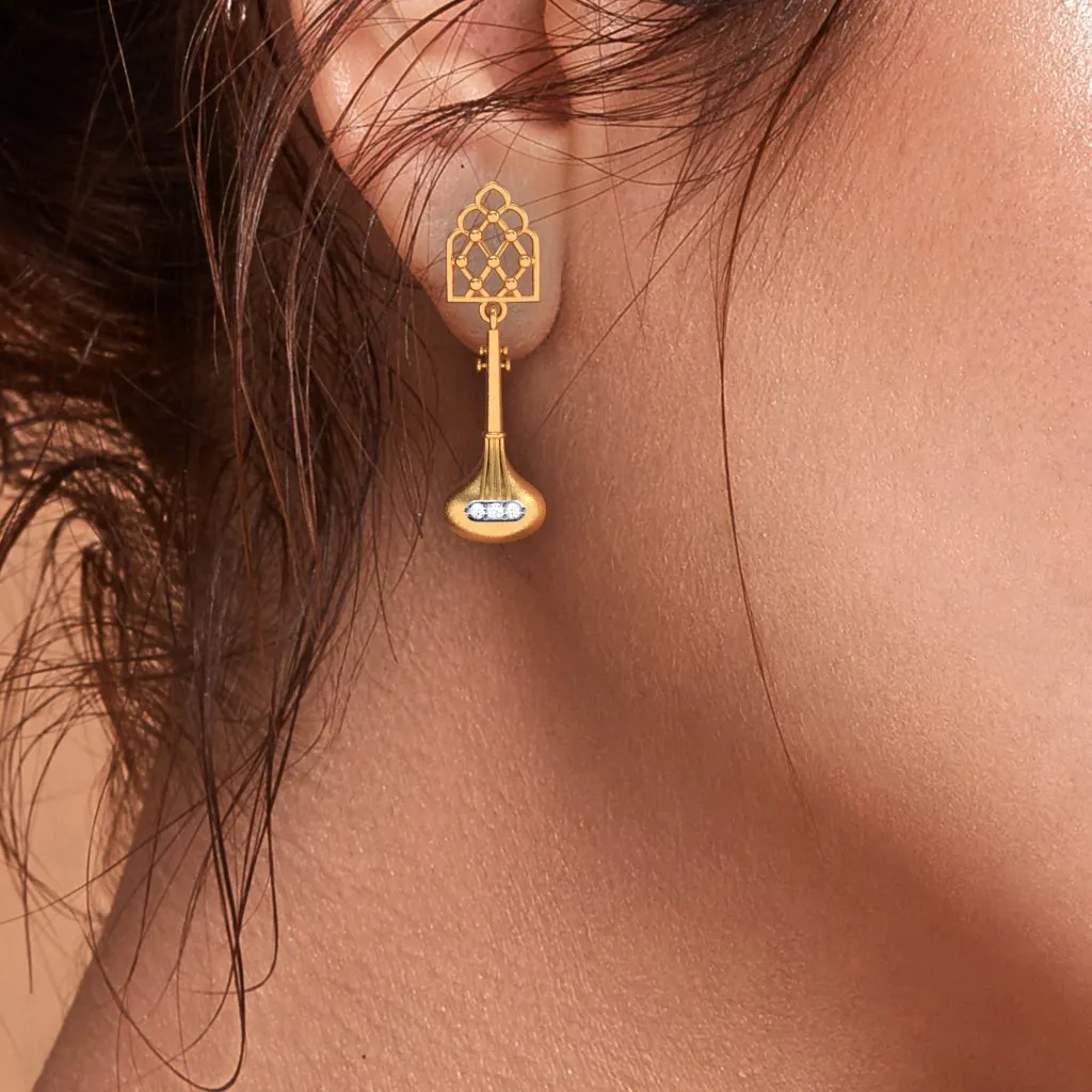 18KT  Sitaar Shaped Gold Earrings From Diamond Collection