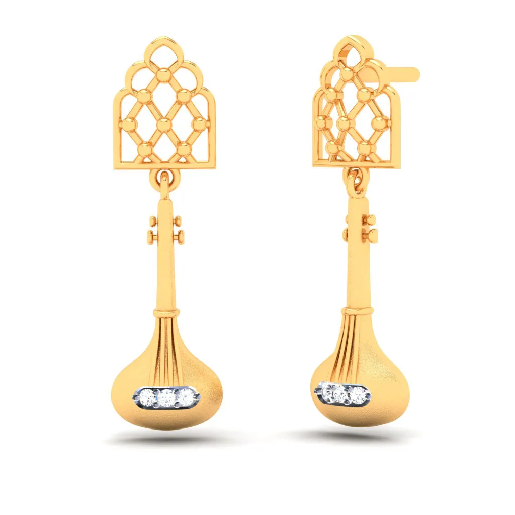 18KT  Sitaar Shaped Gold Earrings From Diamond Collection