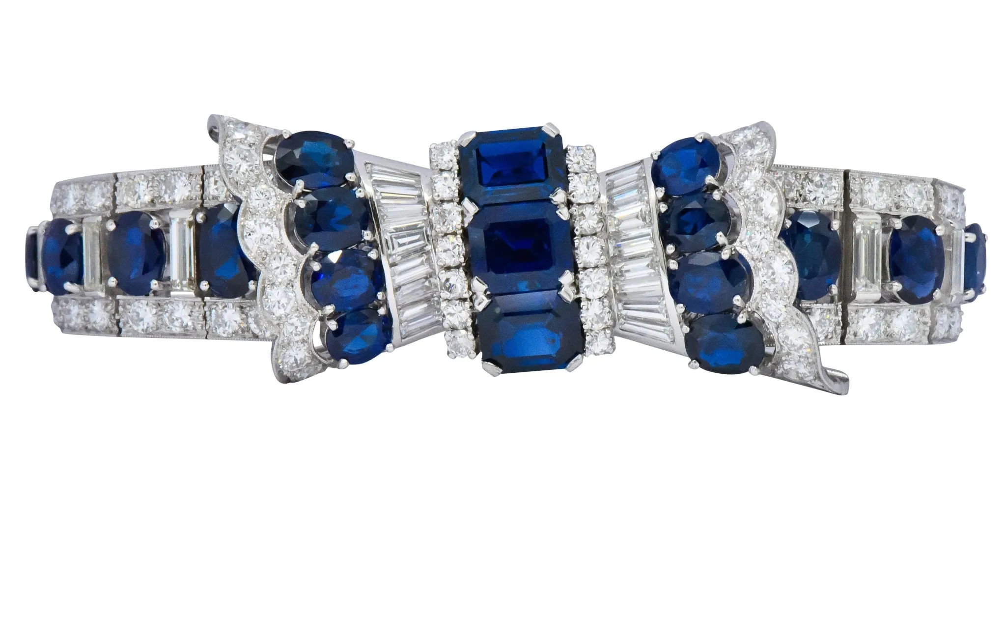 1950's Mid-Century 27.50 CTW Sapphire Diamond Platinum Bow Link Bracelet